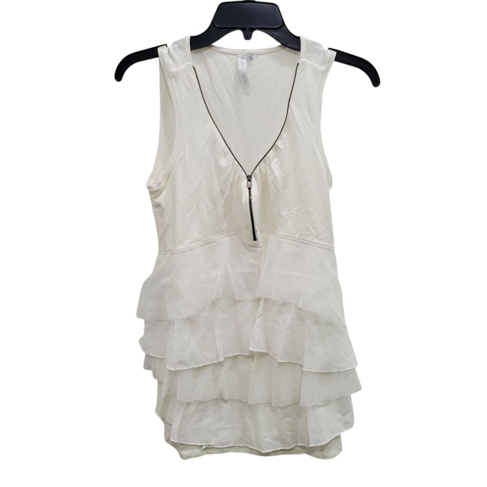 WHITE by Lauren Vidal Women's Zip Neck Mesh Layered Ruffle Sleeveless Tank Top M